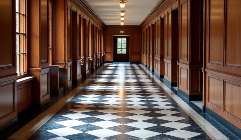 Long corridor in a grand UK country house showing detailed cleaning work