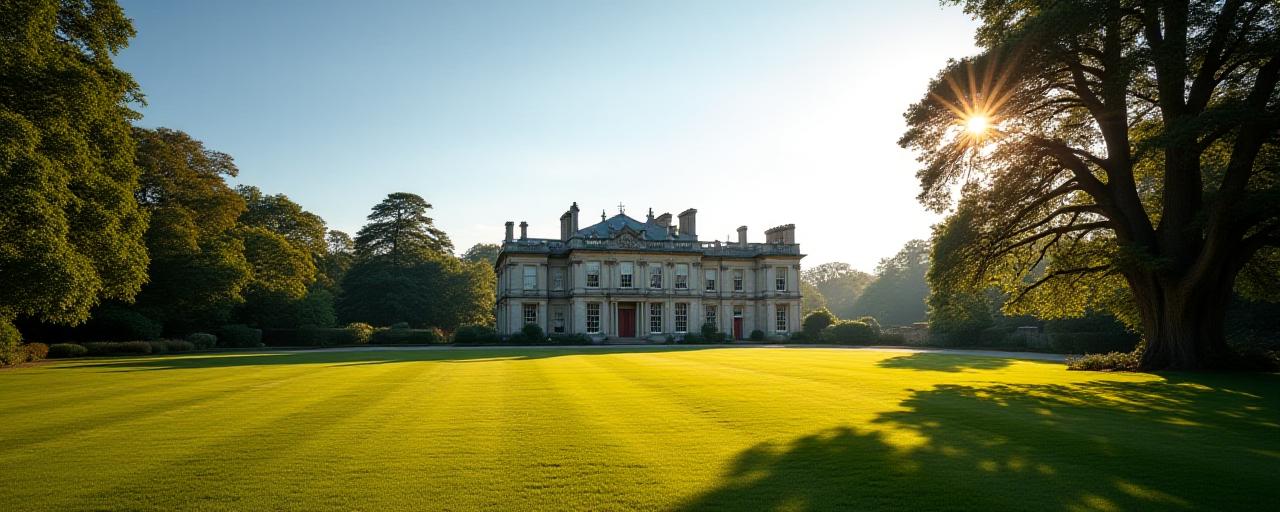 Stately British manor house surrounded by pristine grounds