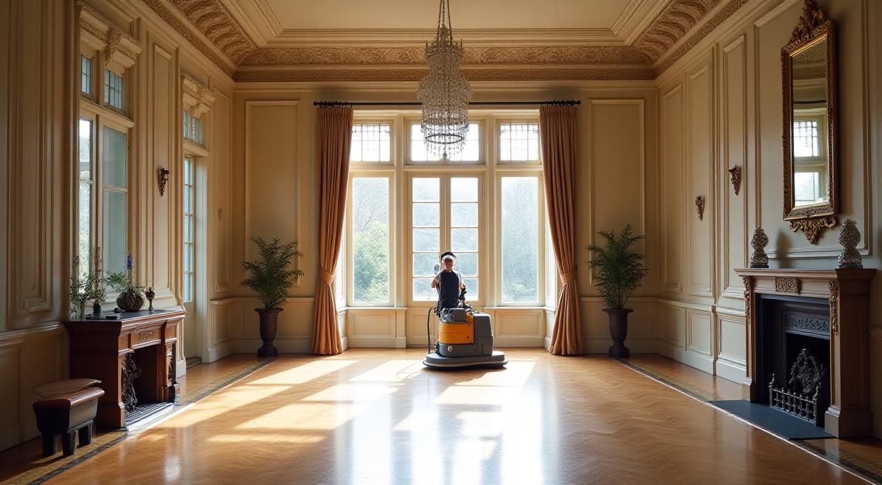 Large estate drawing room with high ceilings being professionally cleaned